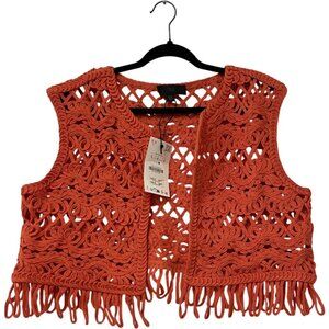 Zara Womens Fringe Vest L Large Orange Cropped Crochet Cotton 2142/070 NWT